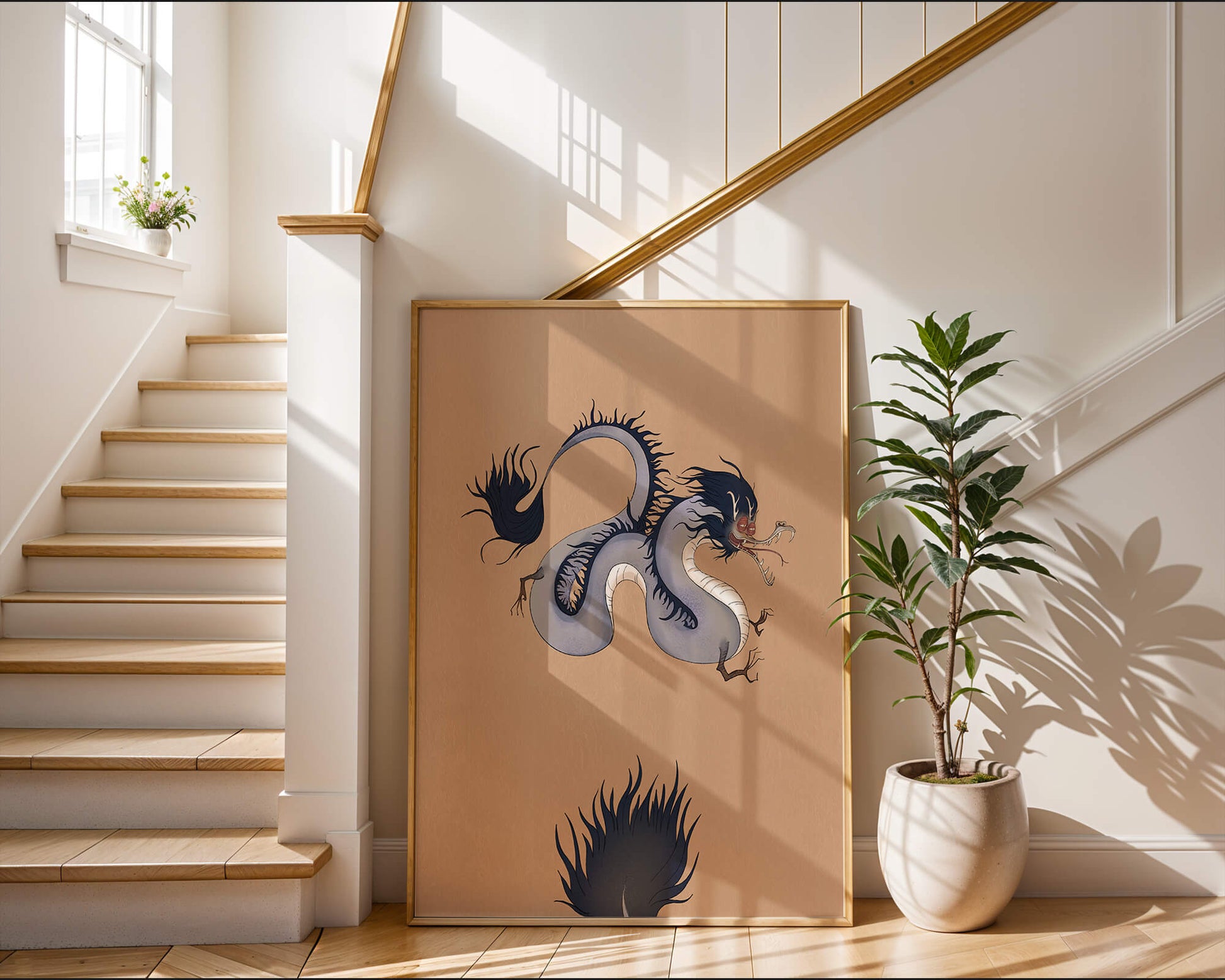 Illustration of a mystical dragon with fluid form on a beige background