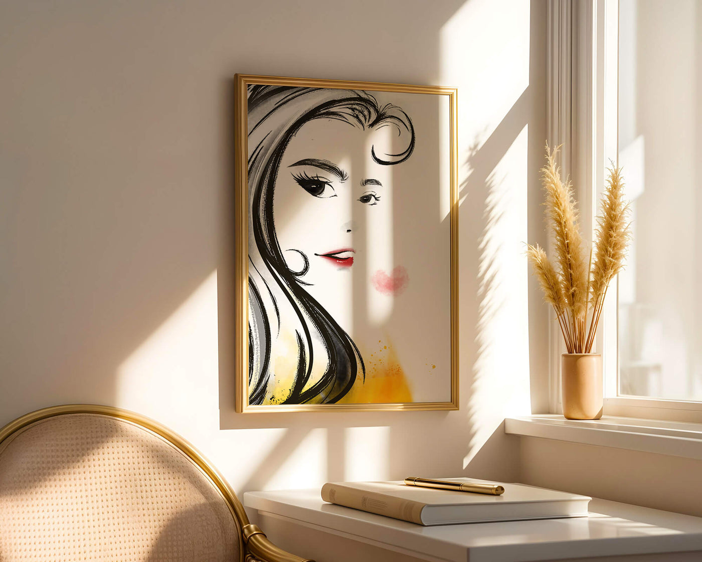 Elegant portrait sketch with red lips and a heart motif