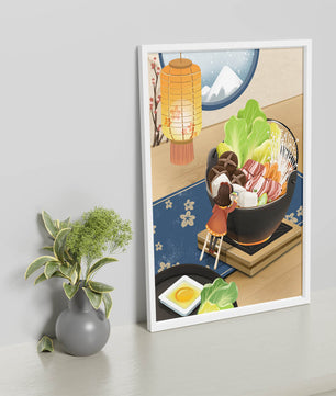 Illustration eines gemütlichen Winteressens mit Hot Pot und Zutaten