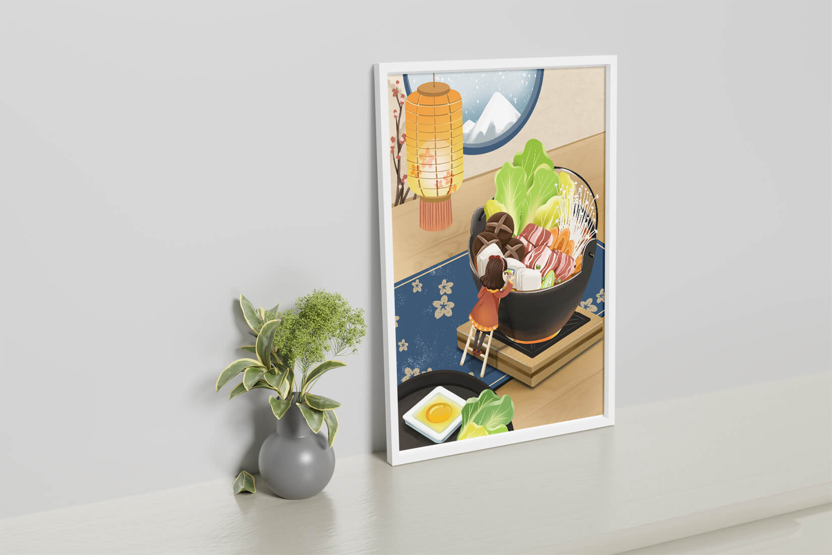 Illustration eines gemütlichen Winteressens mit Hot Pot und Zutaten