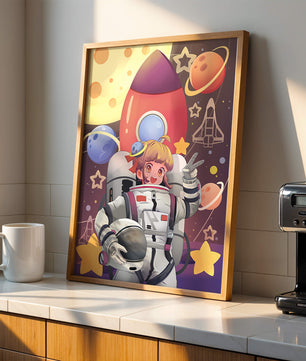 Ilustración de una chica astronauta con temática espacial