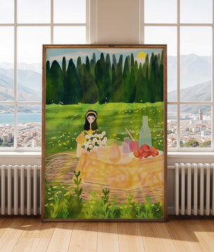 Escena idílica de picnic en un prado soleado con árboles y flores