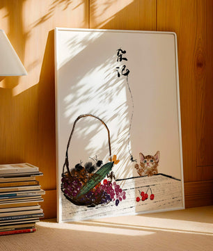 Juguetón gatito con frutas y arte de caligrafía