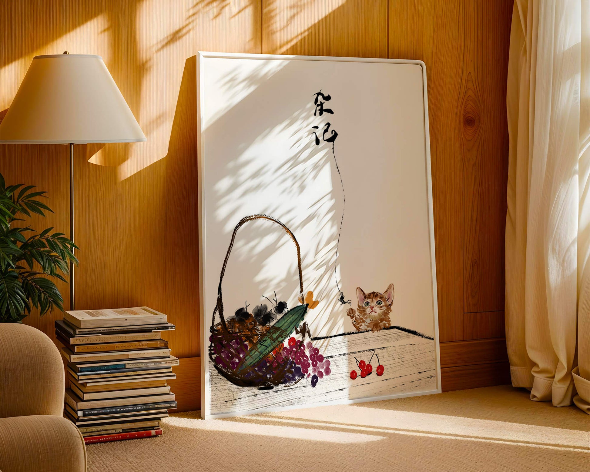 Juguetón gatito con frutas y arte de caligrafía