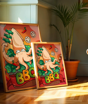 Calamar a la parrilla estilo caricatura peculiar con vegetales