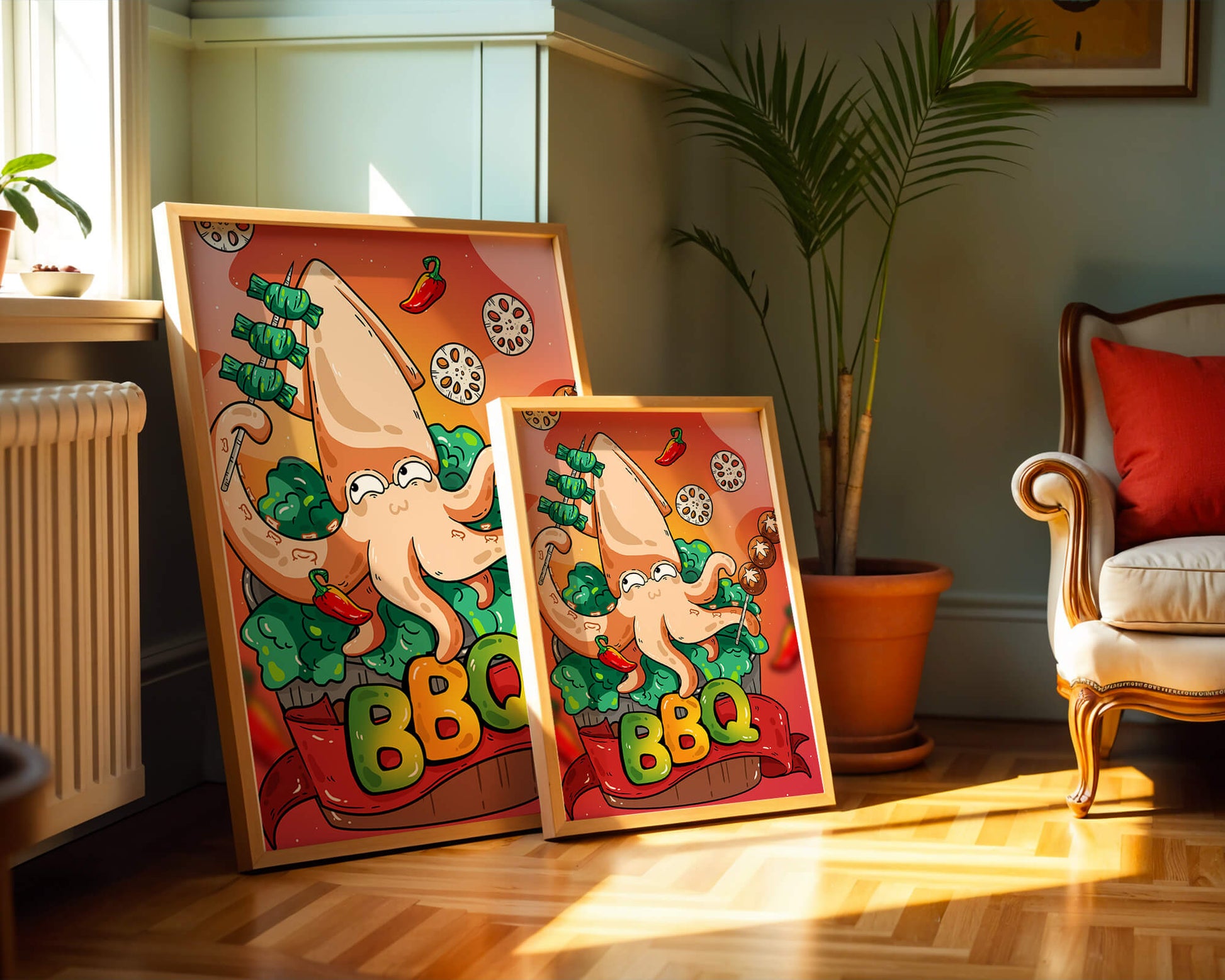Quirky Cartoon Squid BBQ with Vegetables