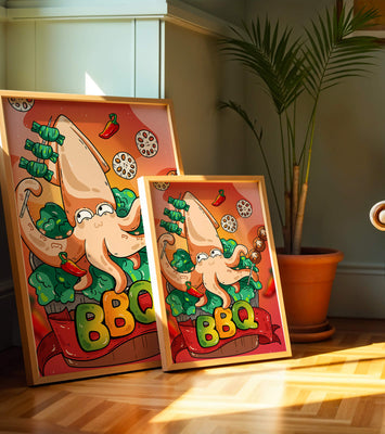 Quirky Cartoon Squid BBQ with Vegetables