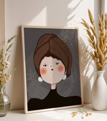 Elegant portrait of a woman with a unique headscarf and expressive features