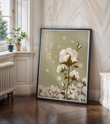 Illustrated cotton plant with hidden character on a soft green background