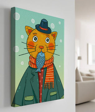 Gato caprichoso vestido con atuendo invernal colorido