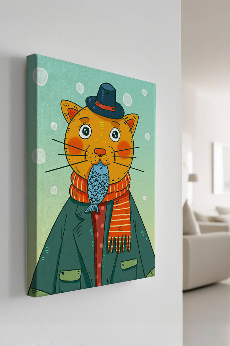 Whimsical cat dressed in colorful winter attire
