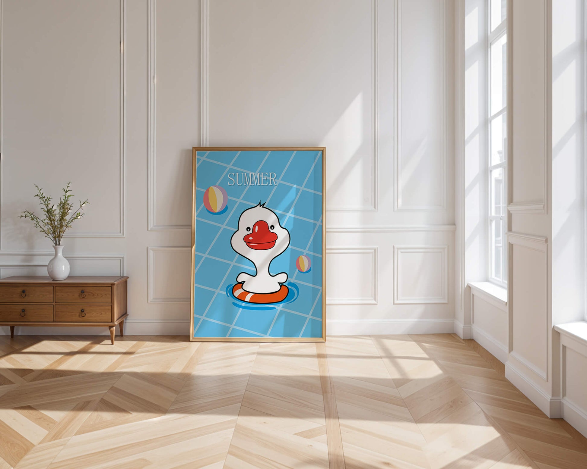 Cartoon duck swimming in a pool with summer beach elements