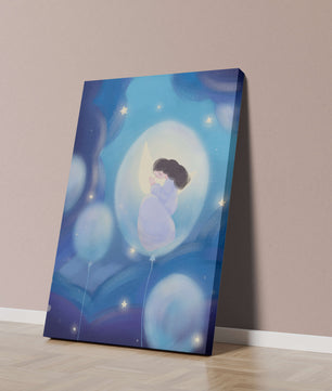 Dreamlike night sky with a girl on a moon enveloped by stars and balloons