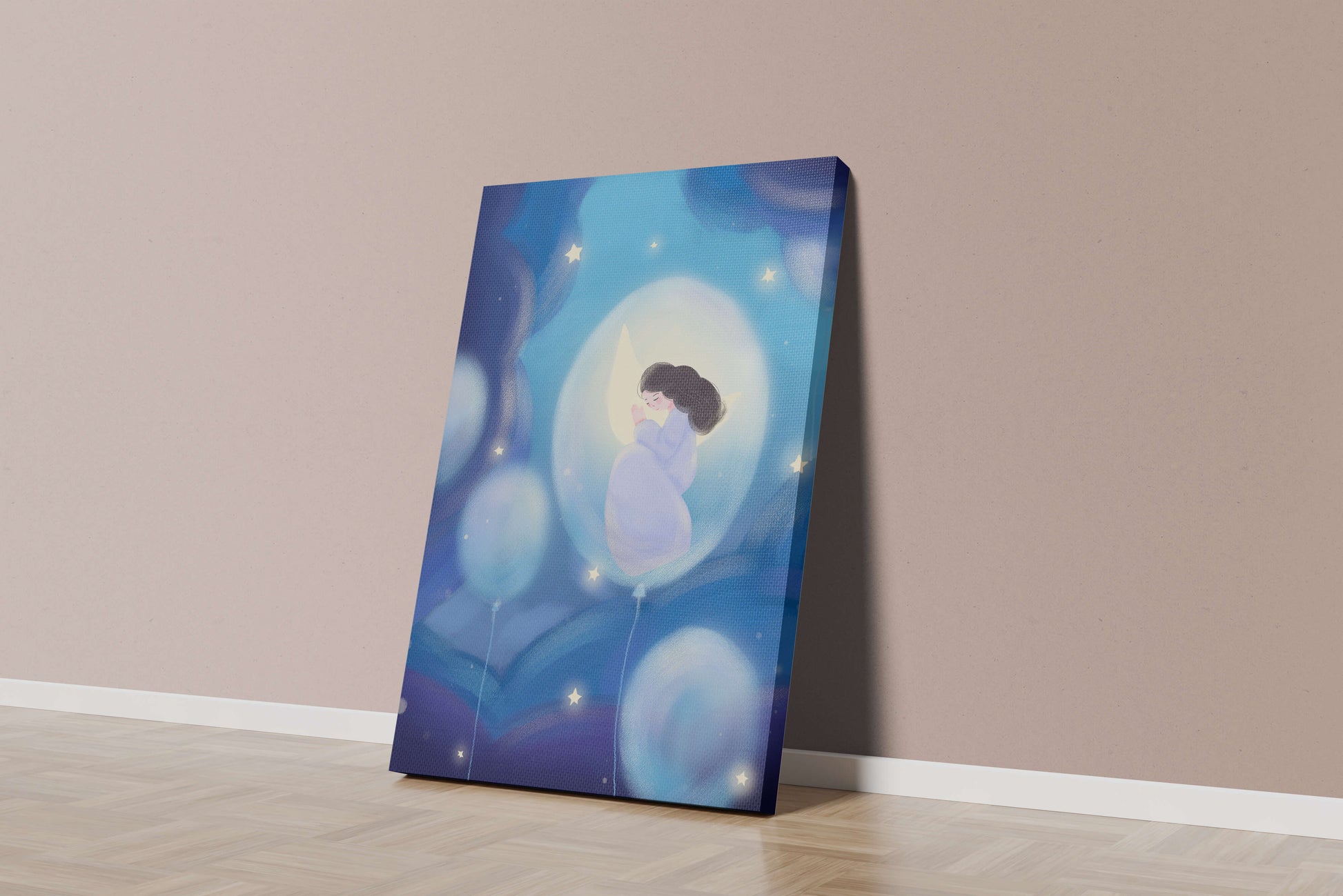 Dreamlike night sky with a girl on a moon enveloped by stars and balloons