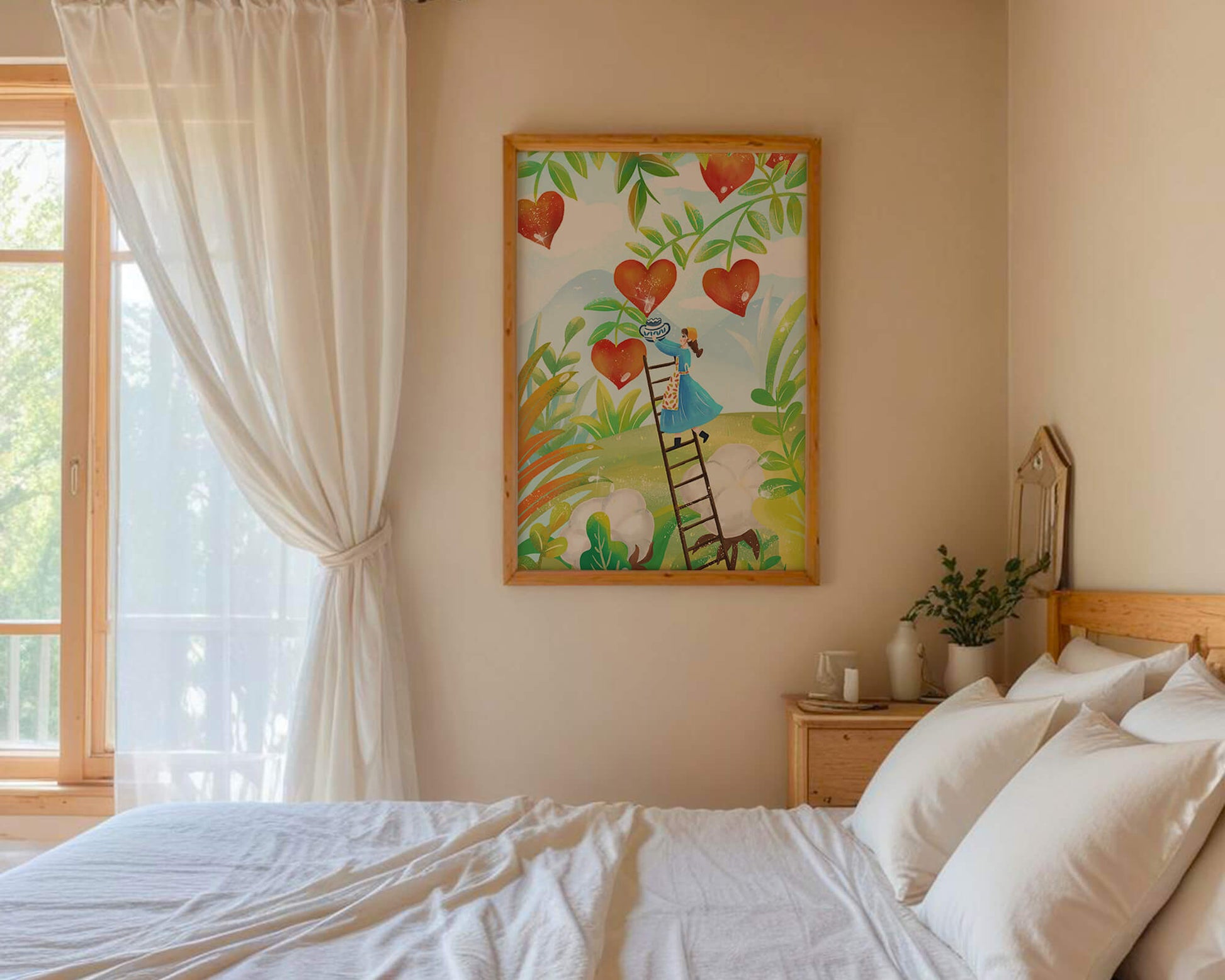 Mujer recolectando frutas en forma de corazón en el vibrante campo