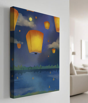 Lanterns Floating in Night Sky over Reflective Lake