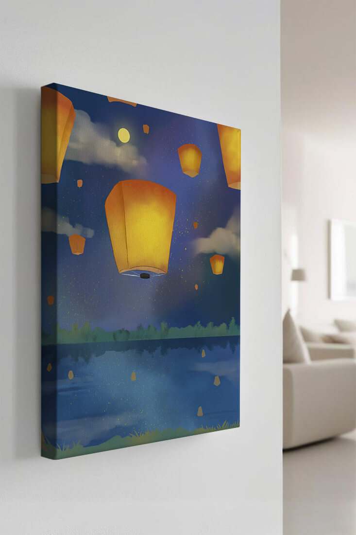 Lanterns Floating in Night Sky over Reflective Lake