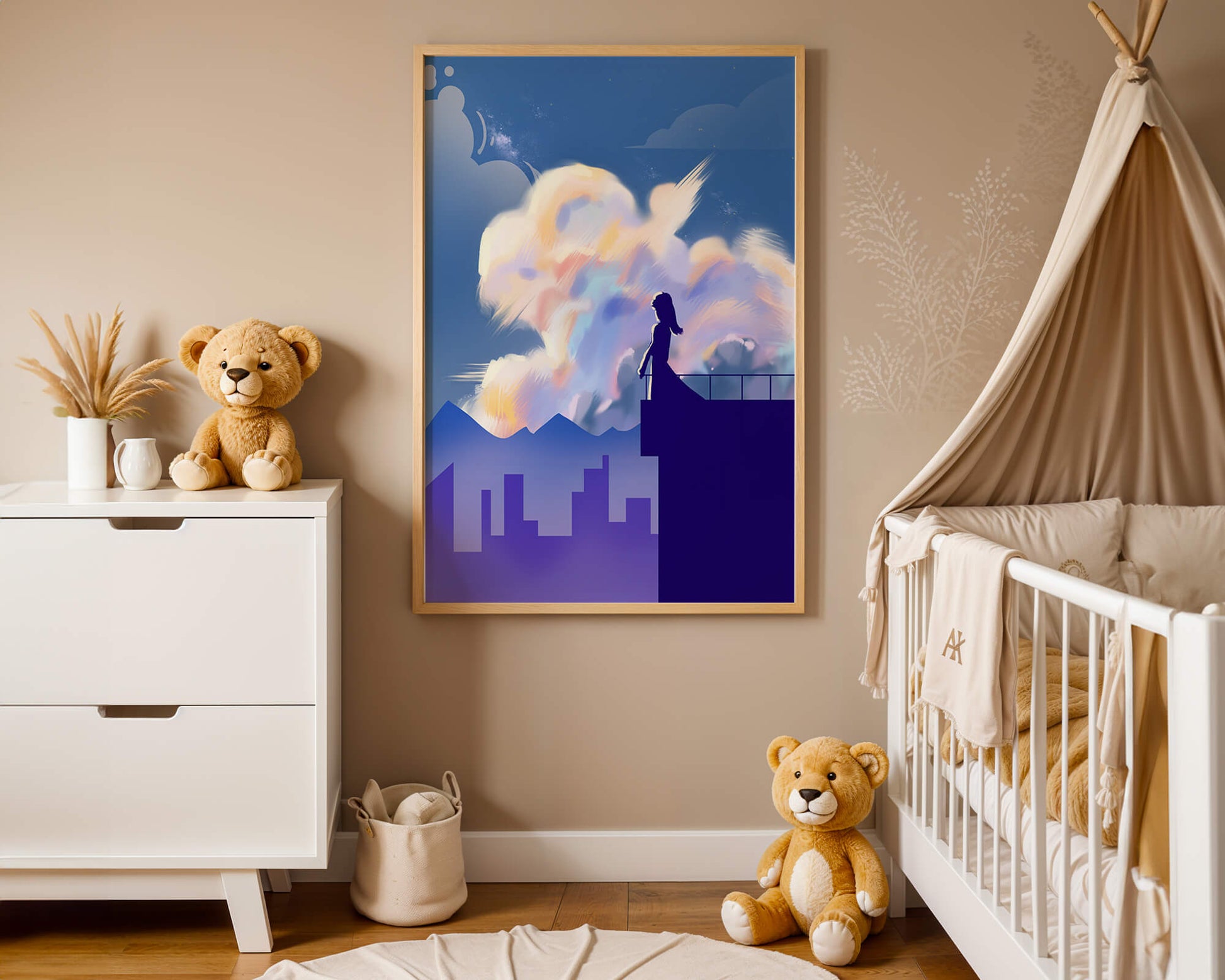 Silhouette of a woman on rooftop against a dreamy sky with colorful clouds