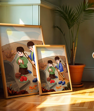 Niños participando en un ritual de otoño con ofrendas e incienso