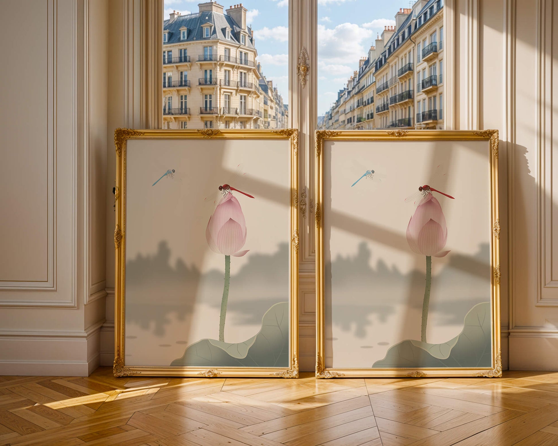 Libélulas sobre un capullo de loto con paisaje sereno