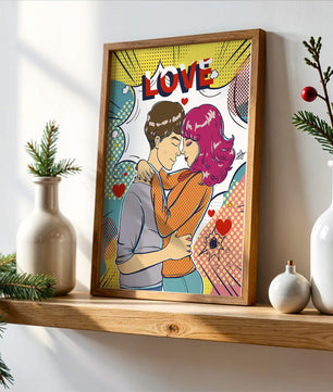 Ilustración de pop art romántico con pareja abrazándose y texto de amor
