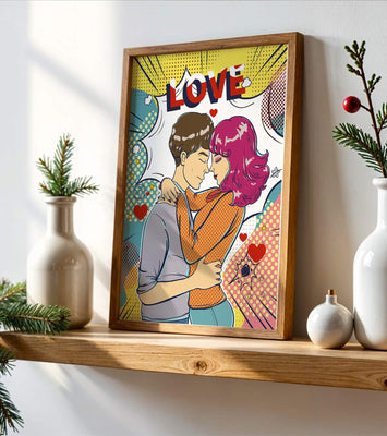 Romantic Pop Art Illustration with Embracing Couple and Love Text