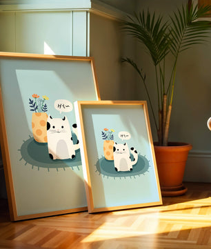 Cute illustration of a cat and flowers on a rug with a speech bubble