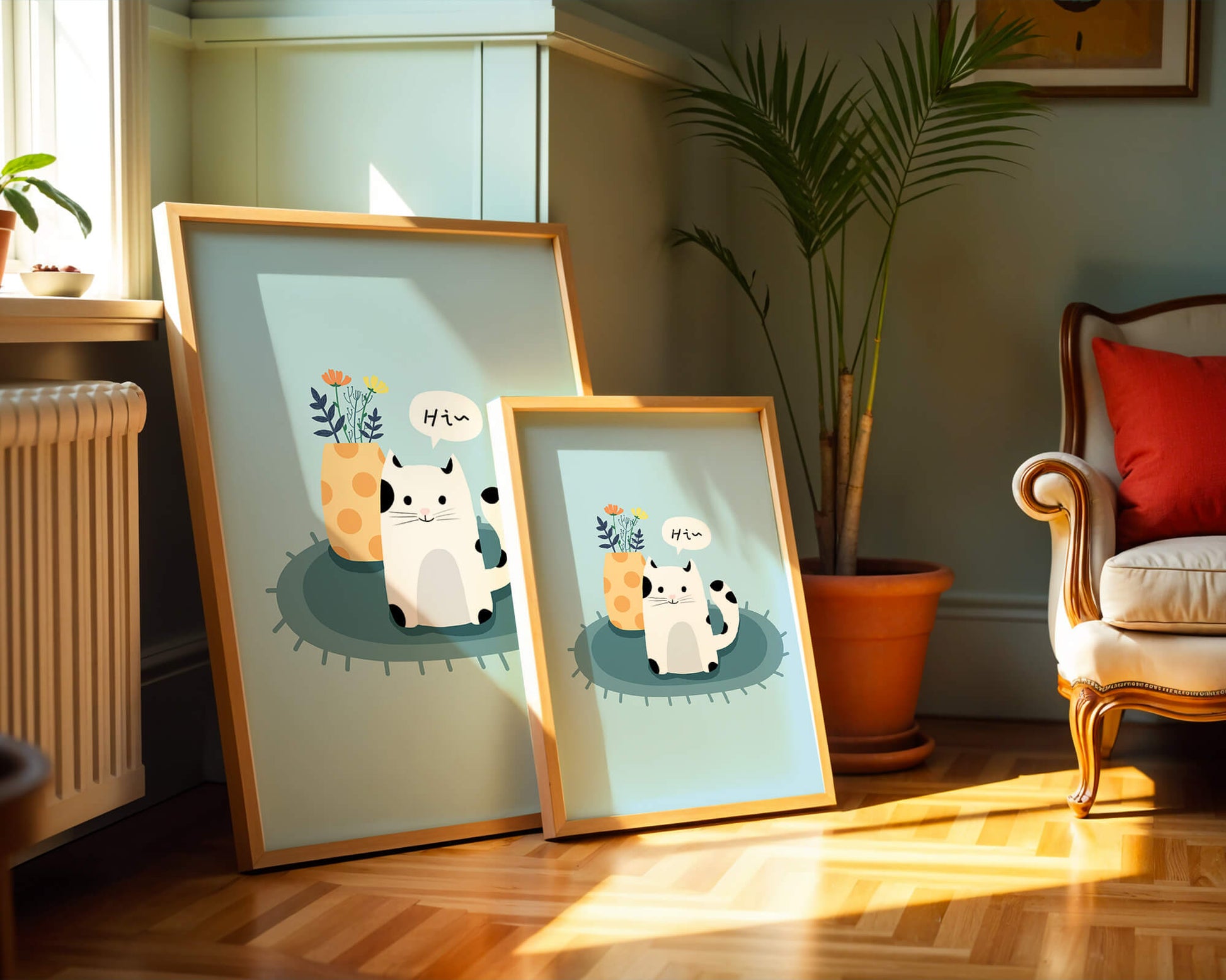 Cute illustration of a cat and flowers on a rug with a speech bubble