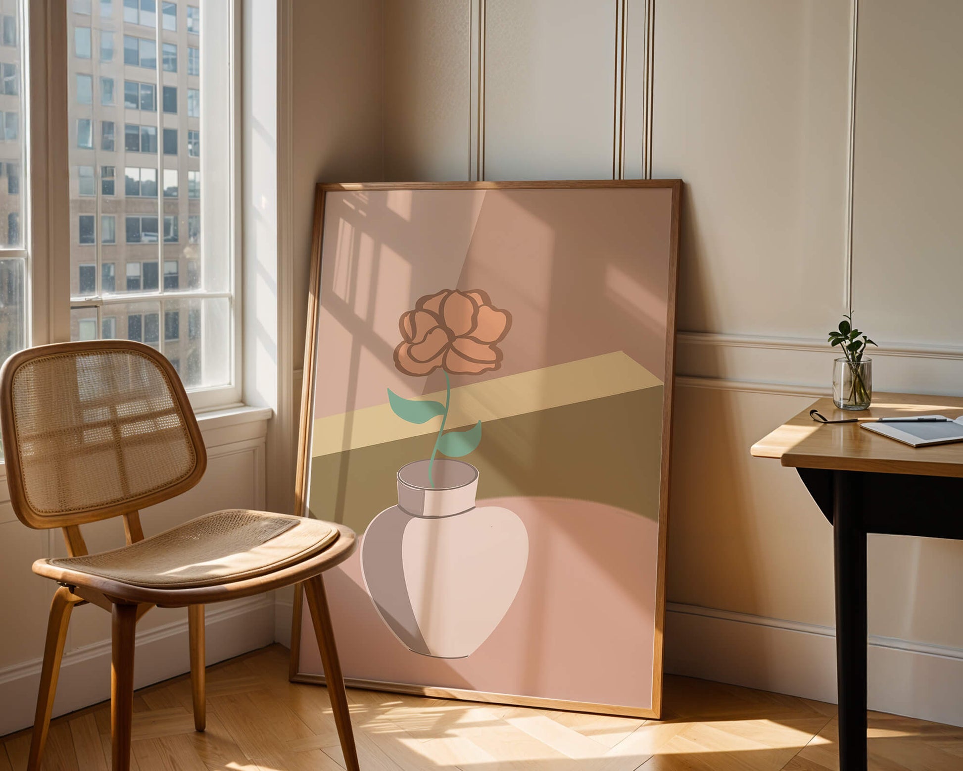 Ilustración abstracta de un jarrón con una flor en colores pastel