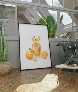 Illustration of a refreshing orange juice with fresh oranges and splash