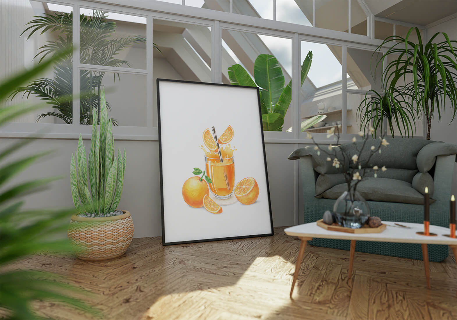 Illustration of a refreshing orange juice with fresh oranges and splash