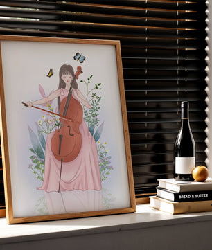 Girl Playing Cello Surrounded by Nature with Butterflies - Mi tienda