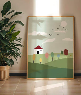 Minimalist Landscape with Colorful Trees and House