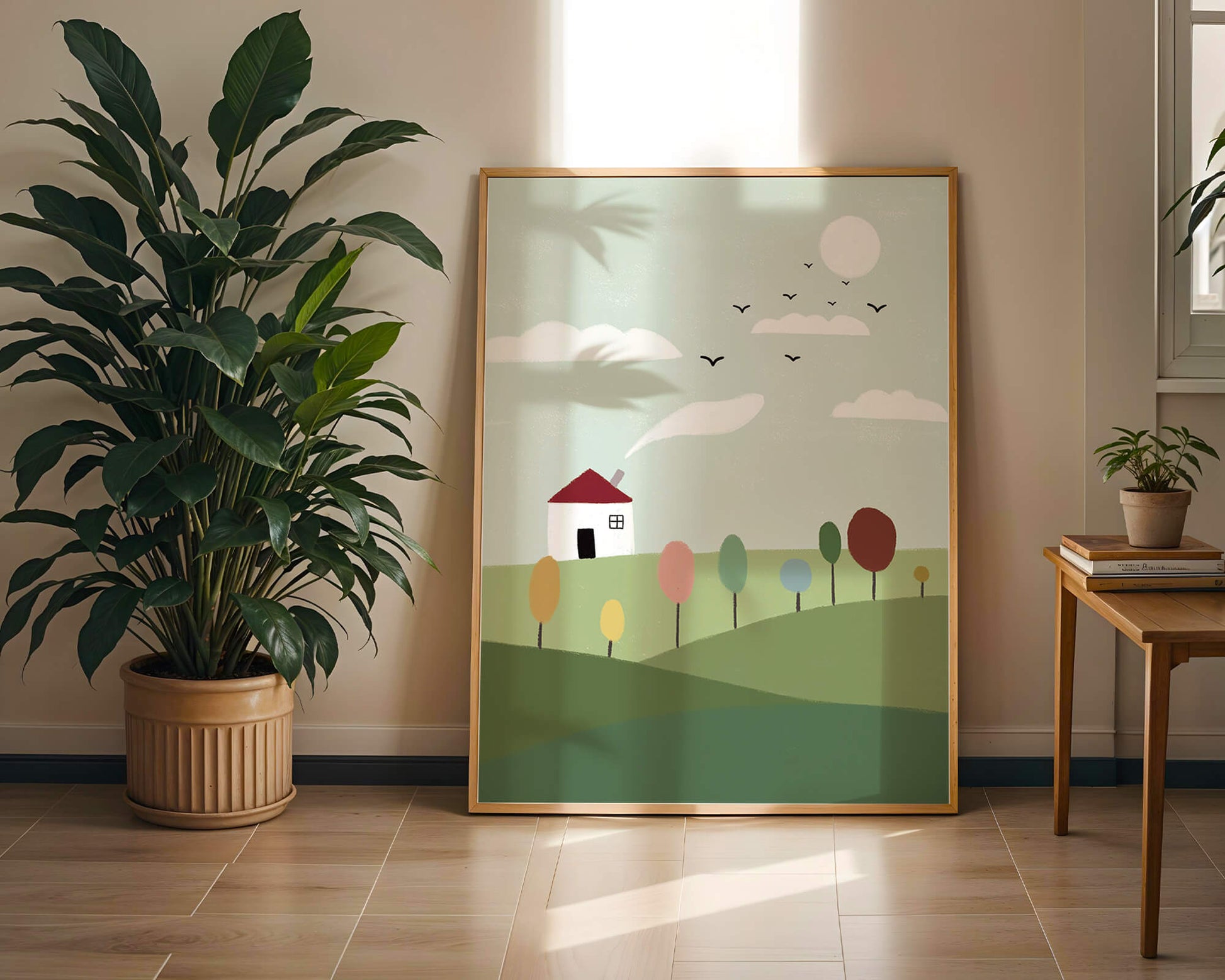 Minimalist Landscape with Colorful Trees and House