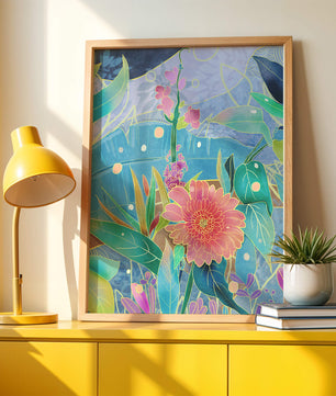 Kunst abstrak bunga yang berwarna-warni dengan bunga dan daun yang cerah