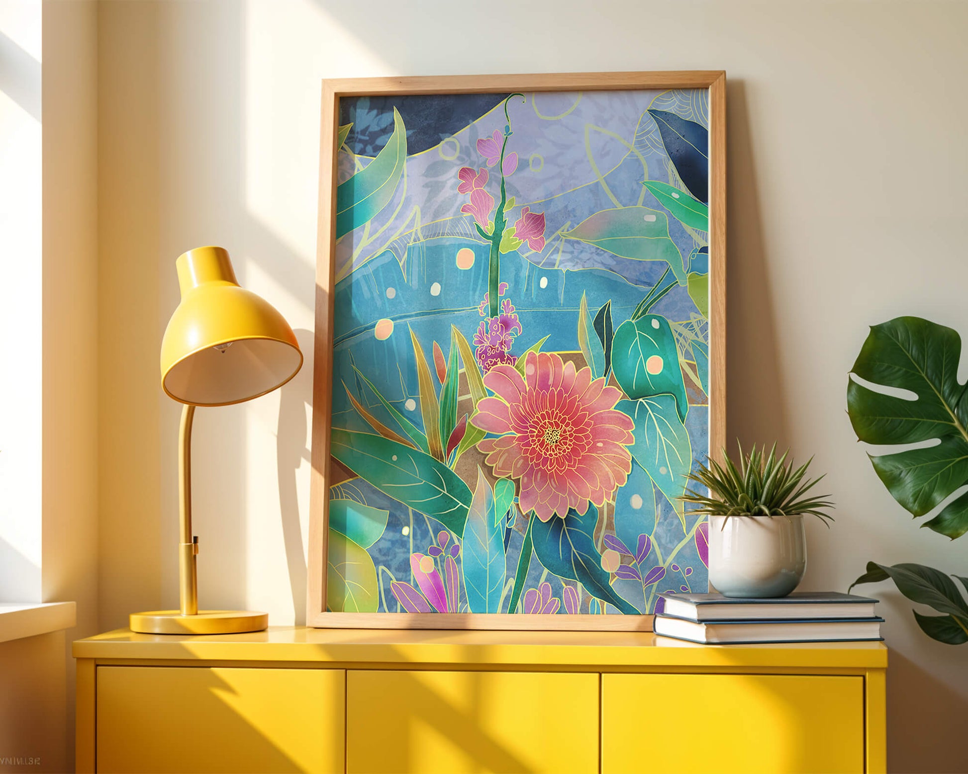 Kunst abstrak bunga yang berwarna-warni dengan bunga dan daun yang cerah