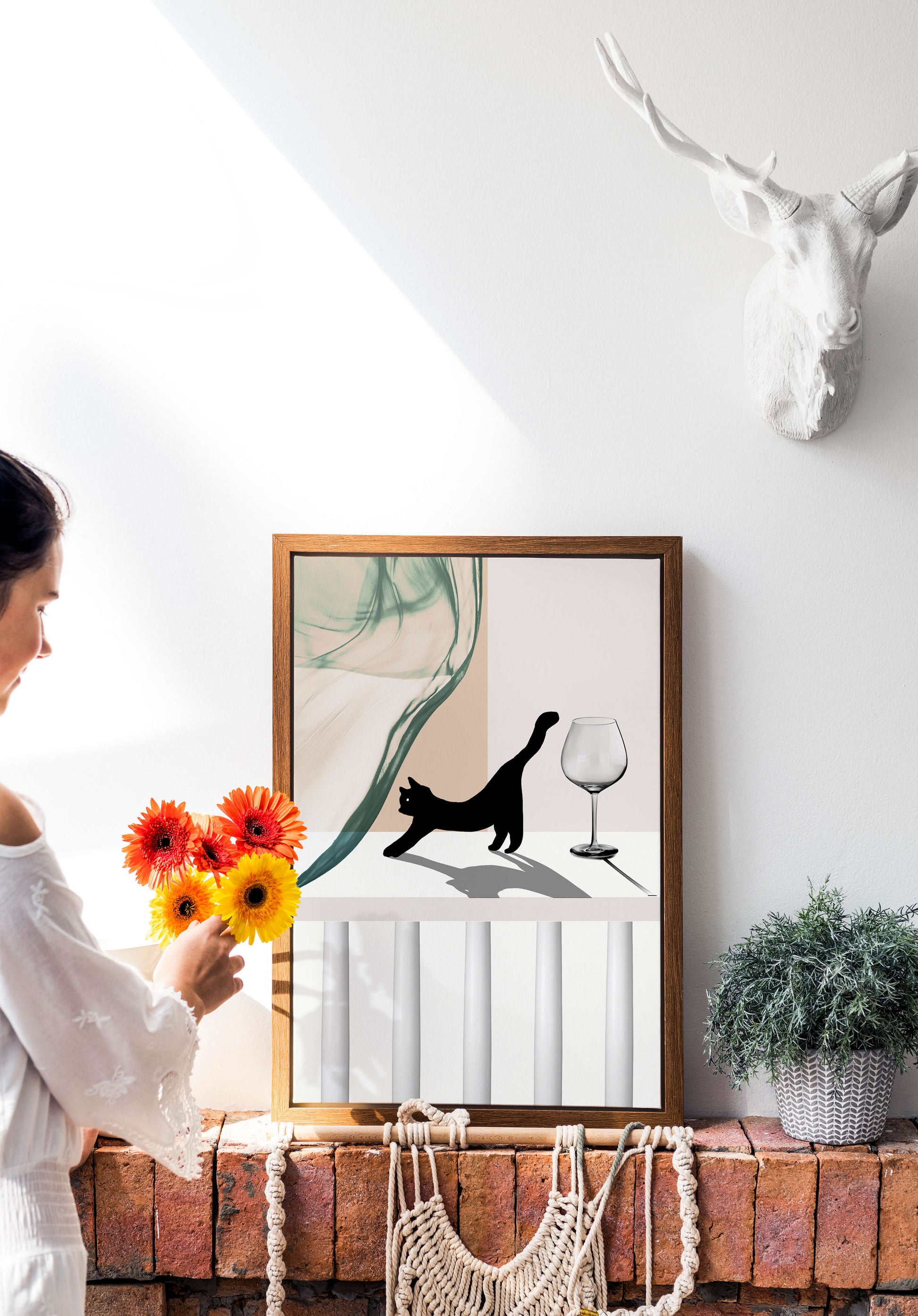 Abstract Composition with Black Cat and Wine Glass on Geometric Background