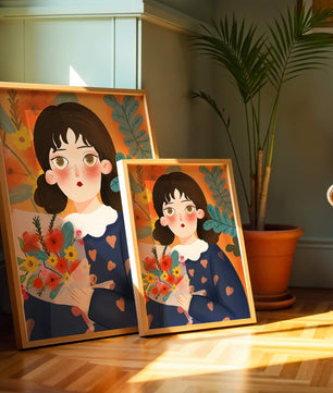 Ilustración encantadora de una chica con flores y corazones