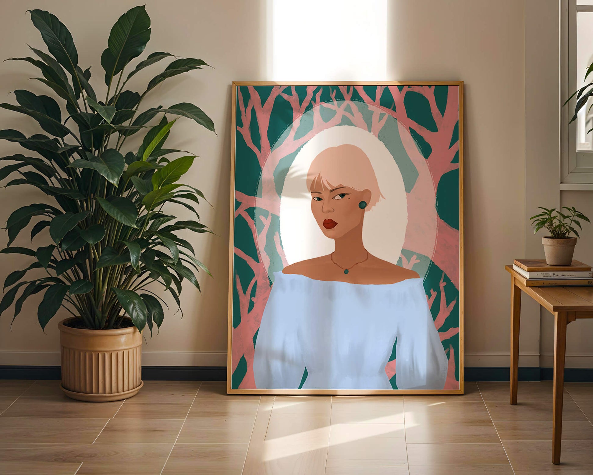 Illustration einer Frau mit einem pastellfarbenen Hintergrund aus abstrakten Bäumen