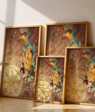 Figura celestial elegante con aura dorada y motivos florales