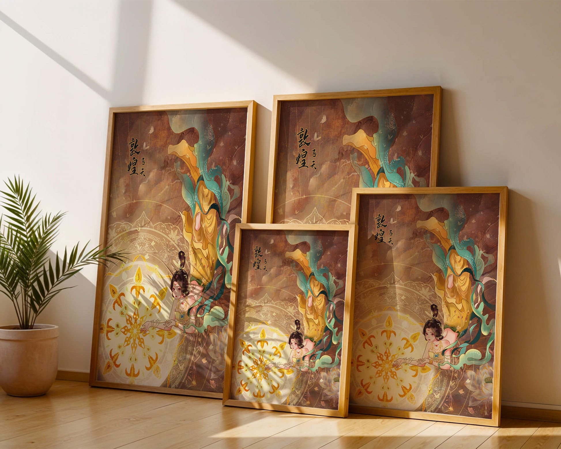 Figura celestial elegante con aura dorada y motivos florales