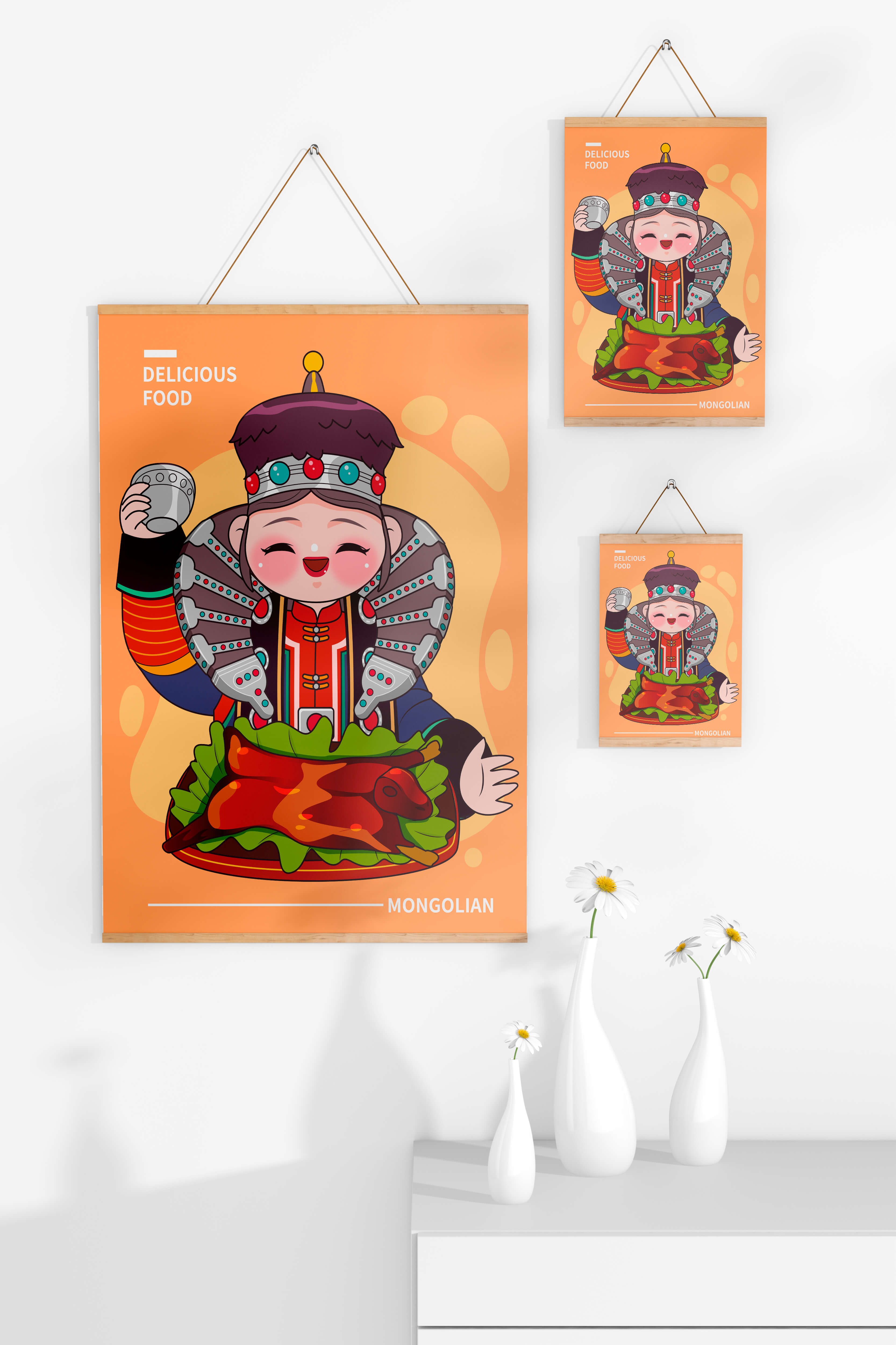 Cartoon character in traditional Mongolian attire with food