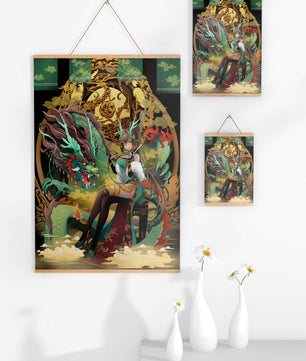 Art fantastique élégant d'une femme avec un dragon majestueux et des éléments dorés