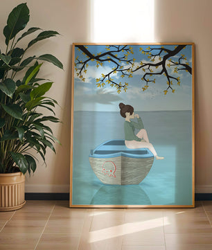 Chica relajándose en un bote bajo un árbol junto al agua