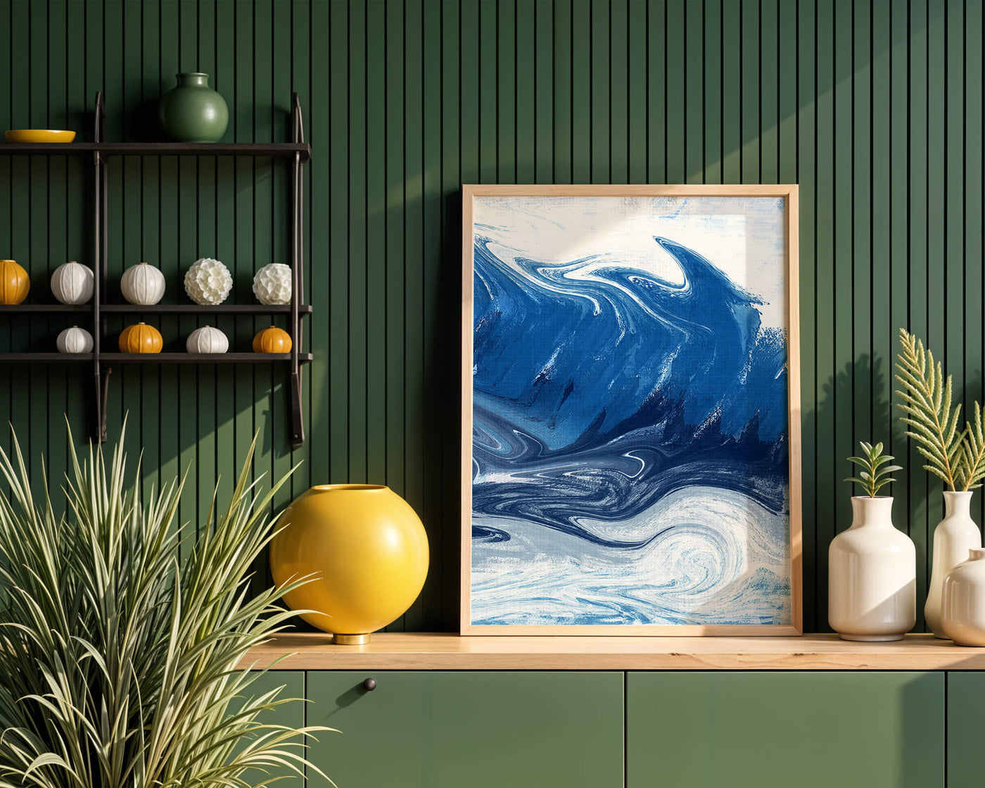 Abstract blue and white ocean wave painting with swirling patterns
