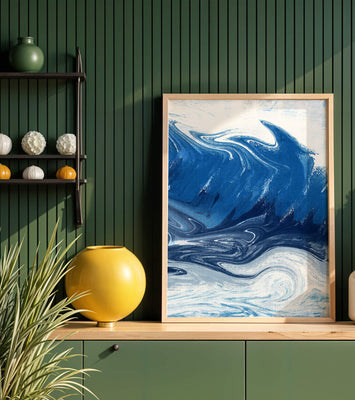 Abstract blue and white ocean wave painting with swirling patterns