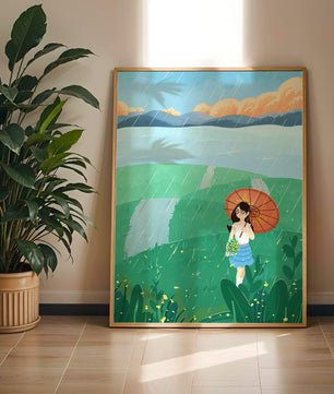 Girl with Umbrella in Rainy Meadow