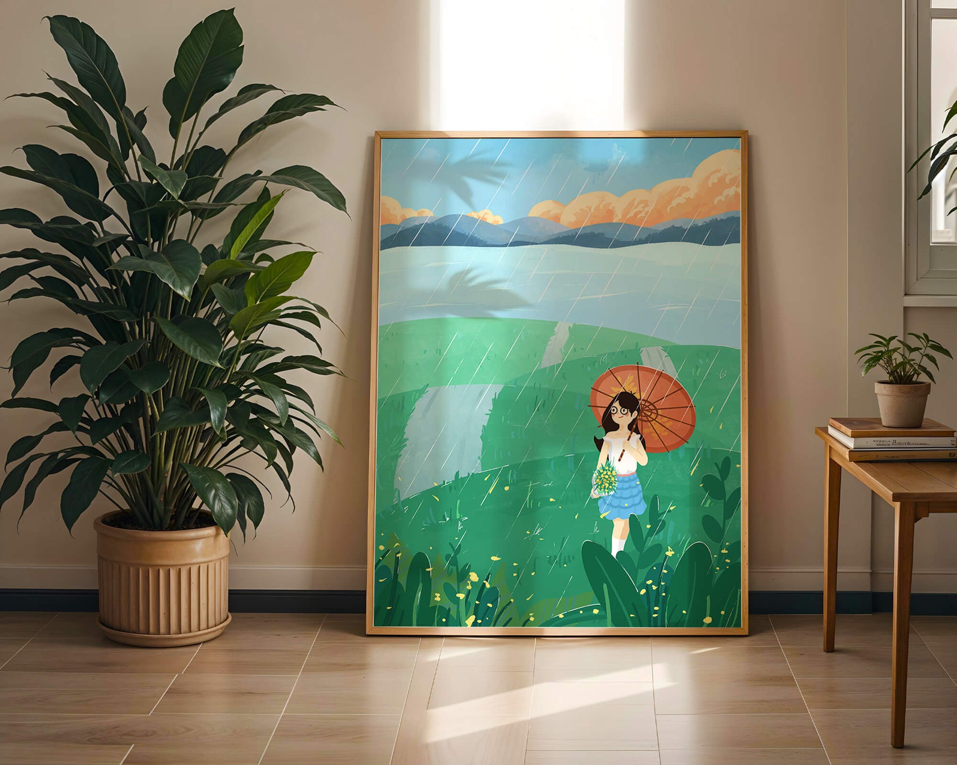 Girl with Umbrella in Rainy Meadow