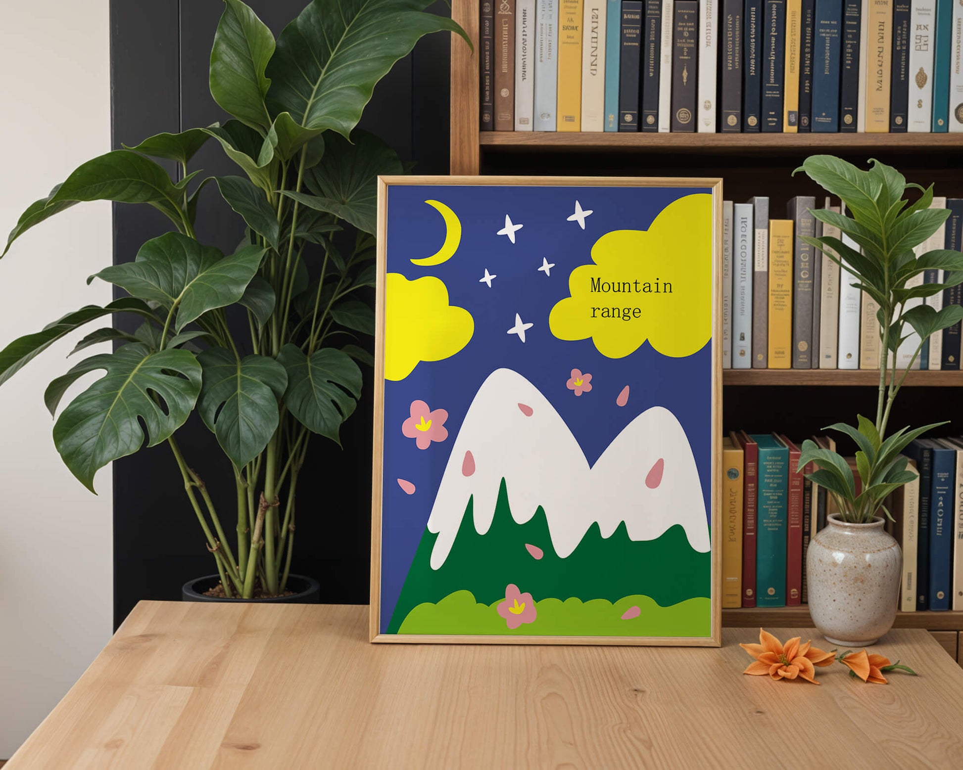 Stylized mountain landscape with starry night background and vibrant clouds