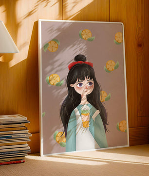 Illustration of a girl with a beverage surrounded by citrus slices
